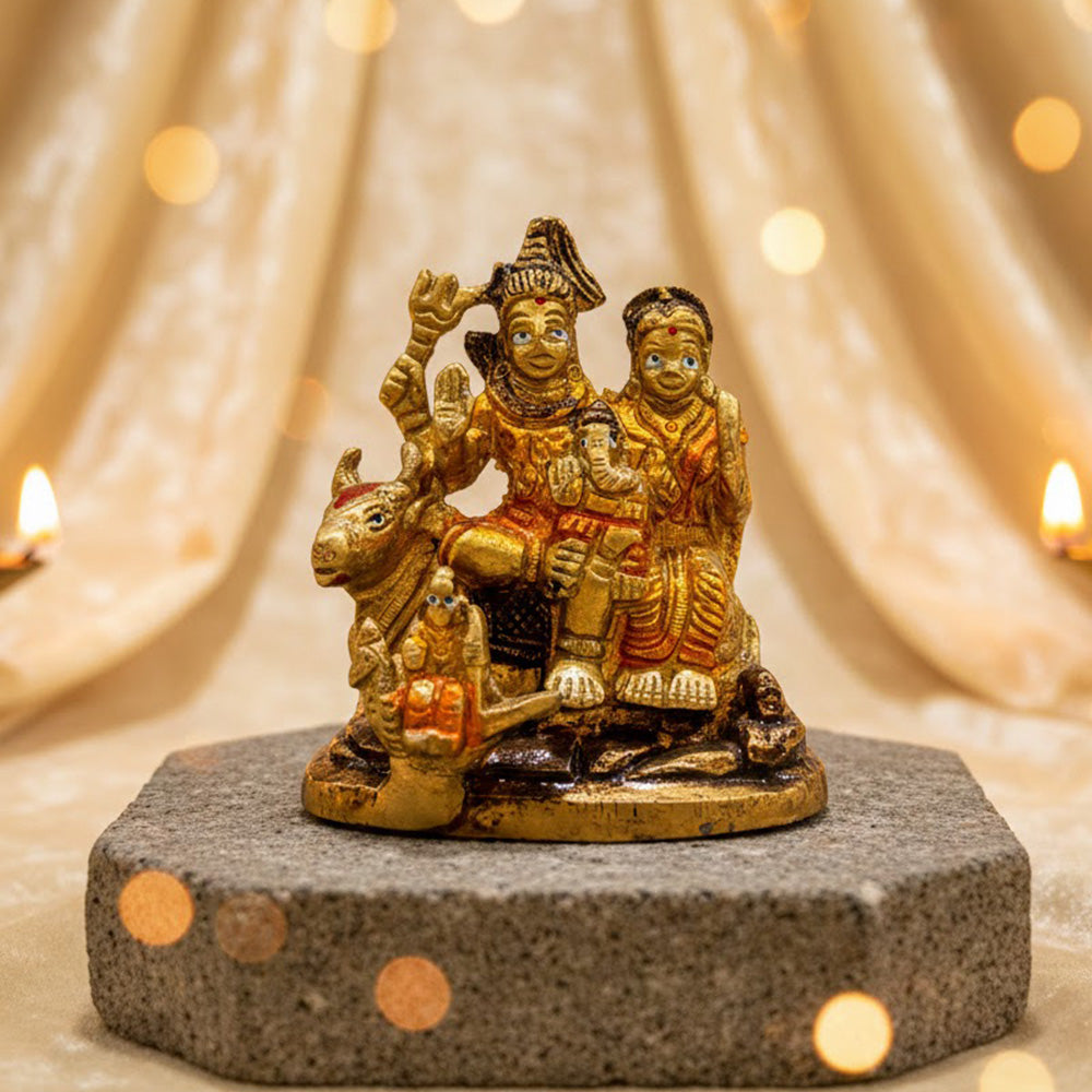 3 Inch Brass Shiv Parivaar with Nandi Idol – Sacred Family Statue for Home Temple and Car Dashboard Décor. No.1 Brass Idol Store www.satvikstore.in