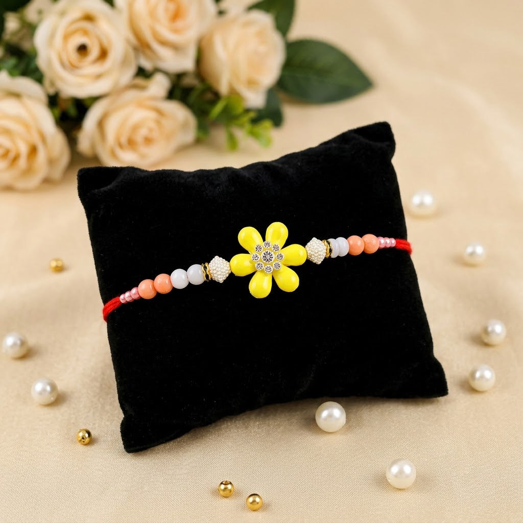 Vibrant Yellow Flower Medallion Peach Coral Bead Rakhi