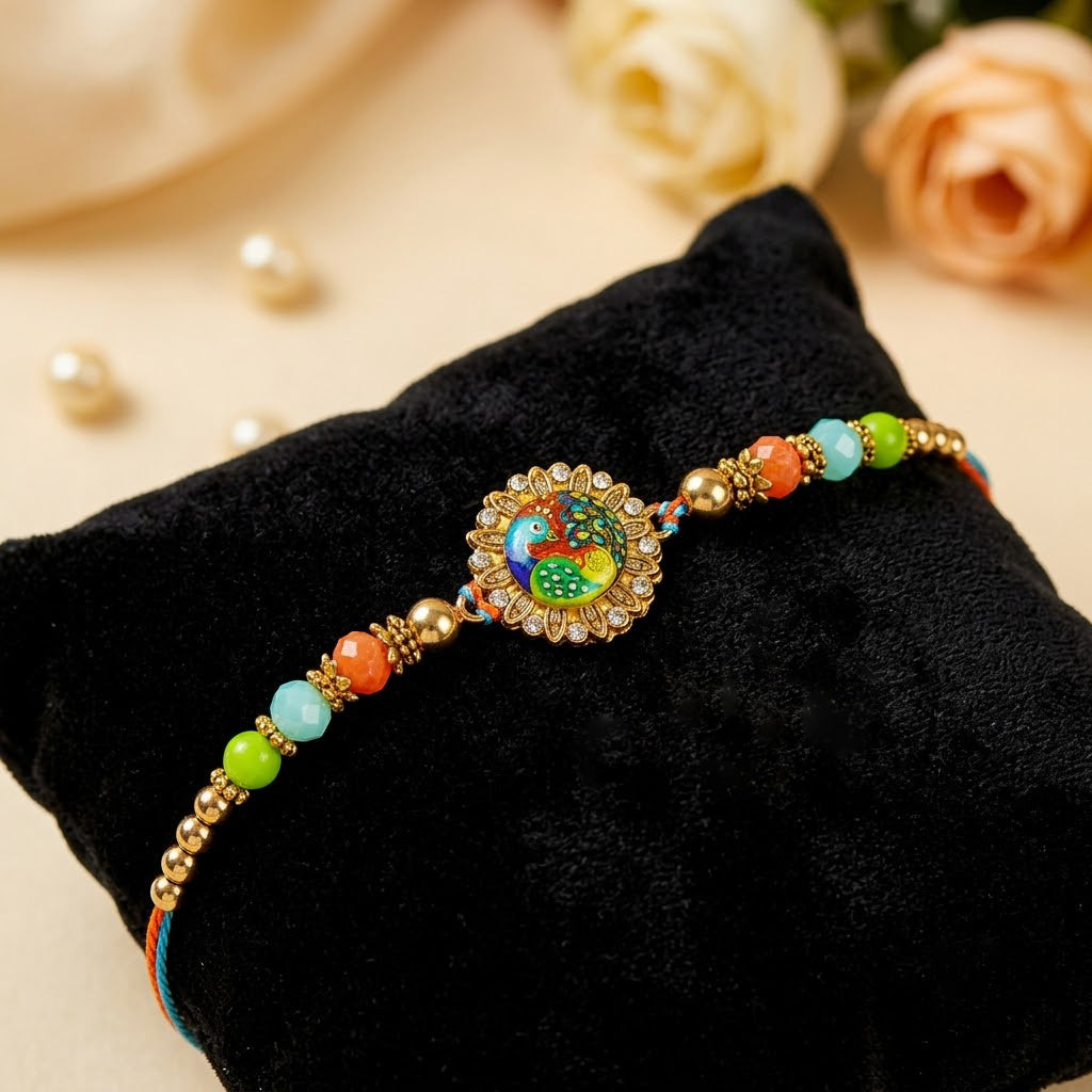 Golden Peacock Motif Floral Dial Orange and Green Bead Rakhi