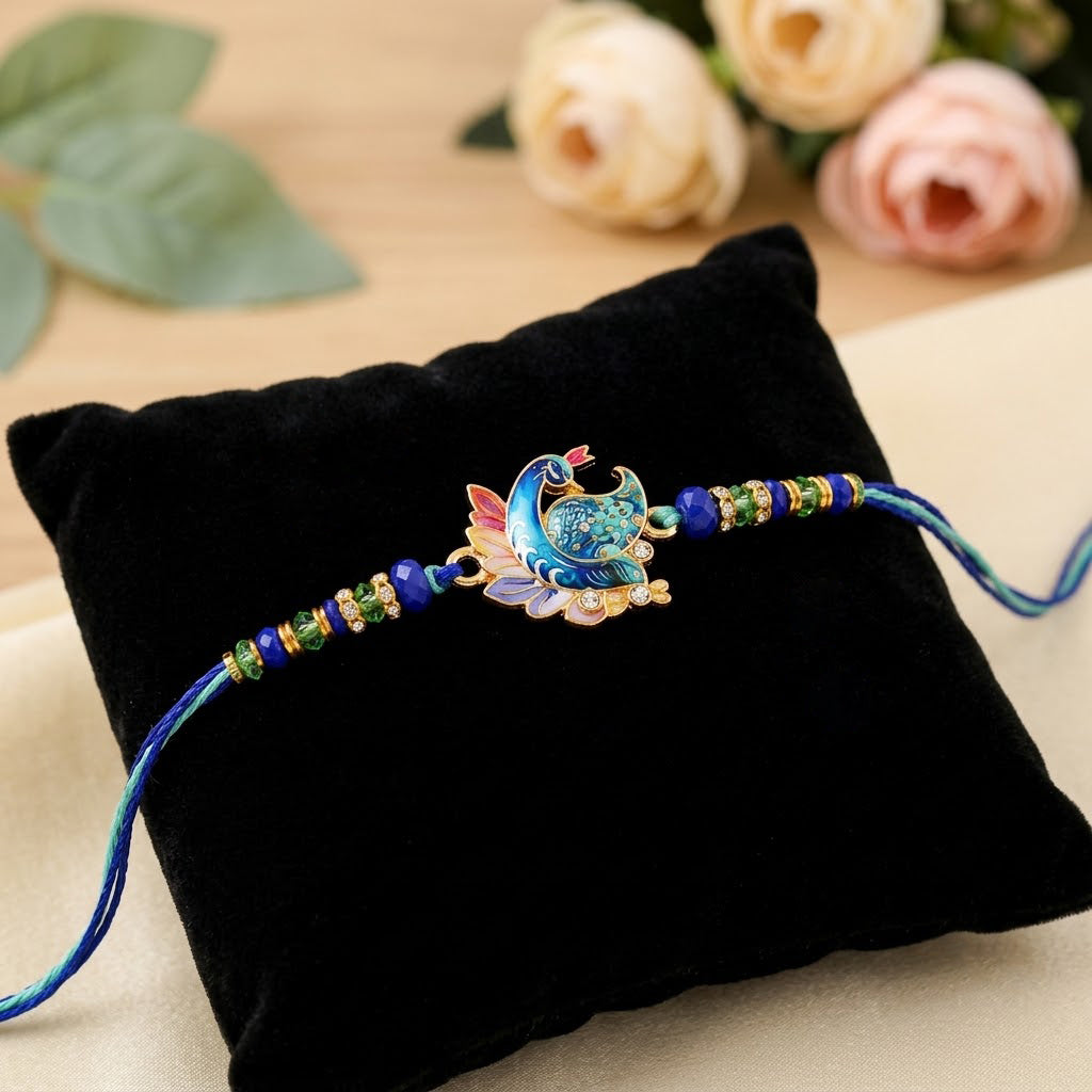 Elegant Peacock Meenakari Charm Stone Designer Rakhi