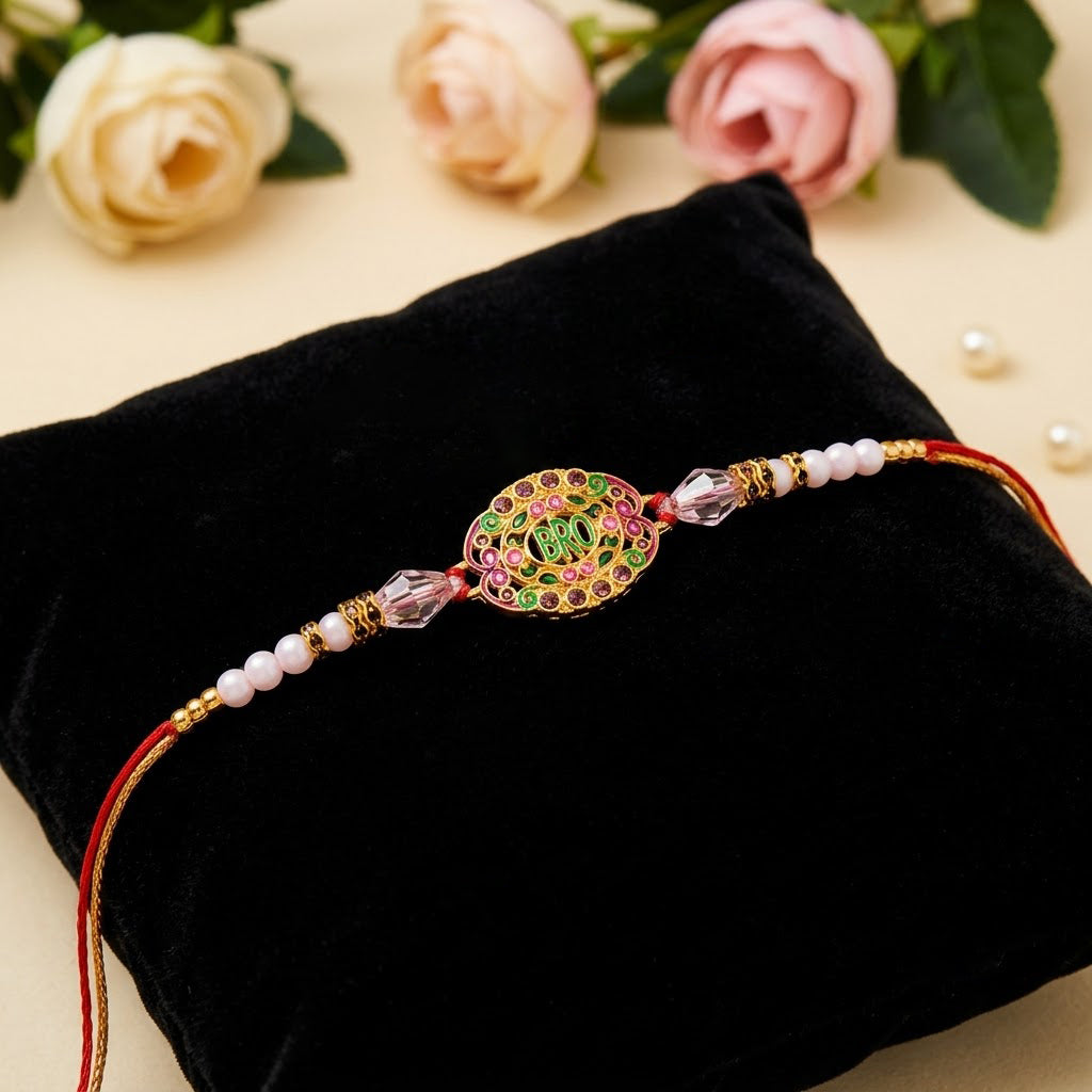 Vibrant Oval Gold Enamel Bro Centerpiece Designer Rakhi