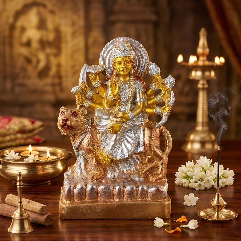 Premium Silver & Gold Sherawali Mata Resin Statue