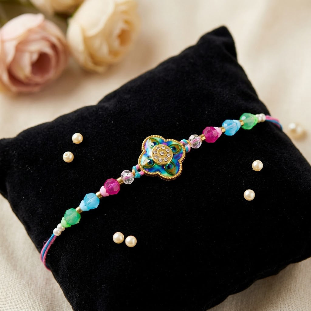 Handcrafted Peacock Feather Motif Meenakari Design Rakhi