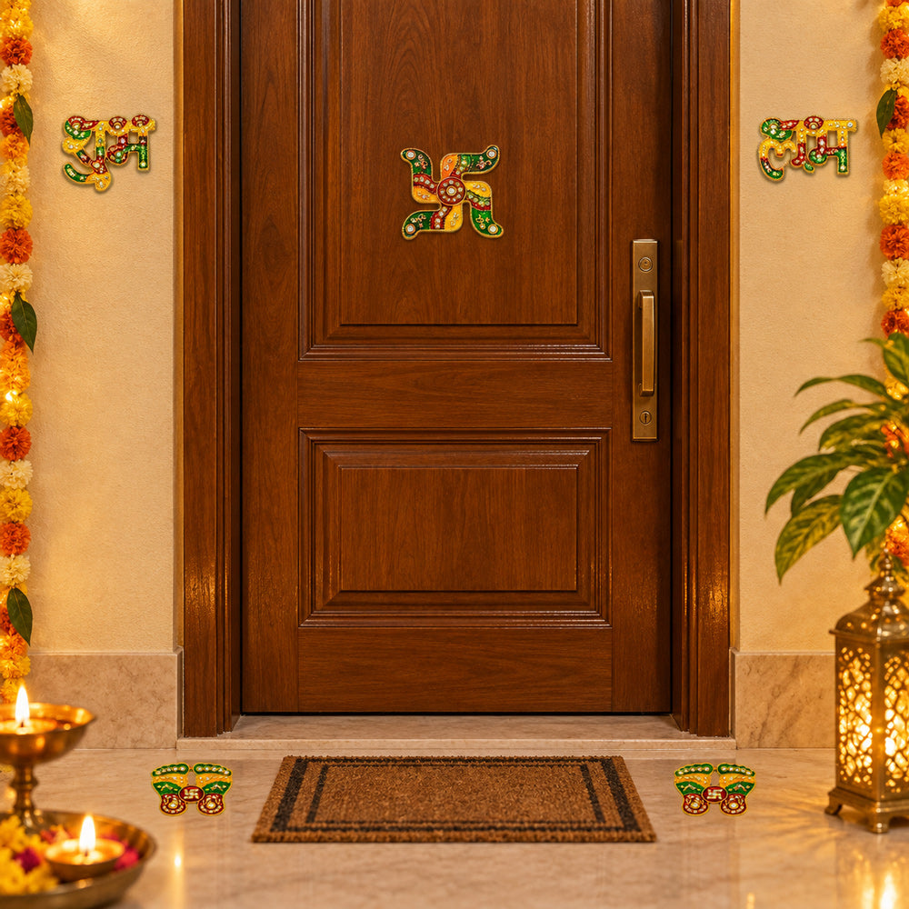 Enamel Work Shubh Labh and Charan Paduka Door Stickers