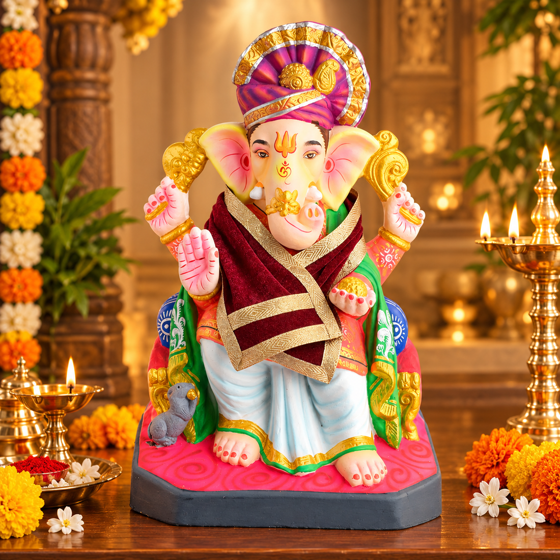 Maroon Velvet Ganpati Idol Patka with Classic Gold Border