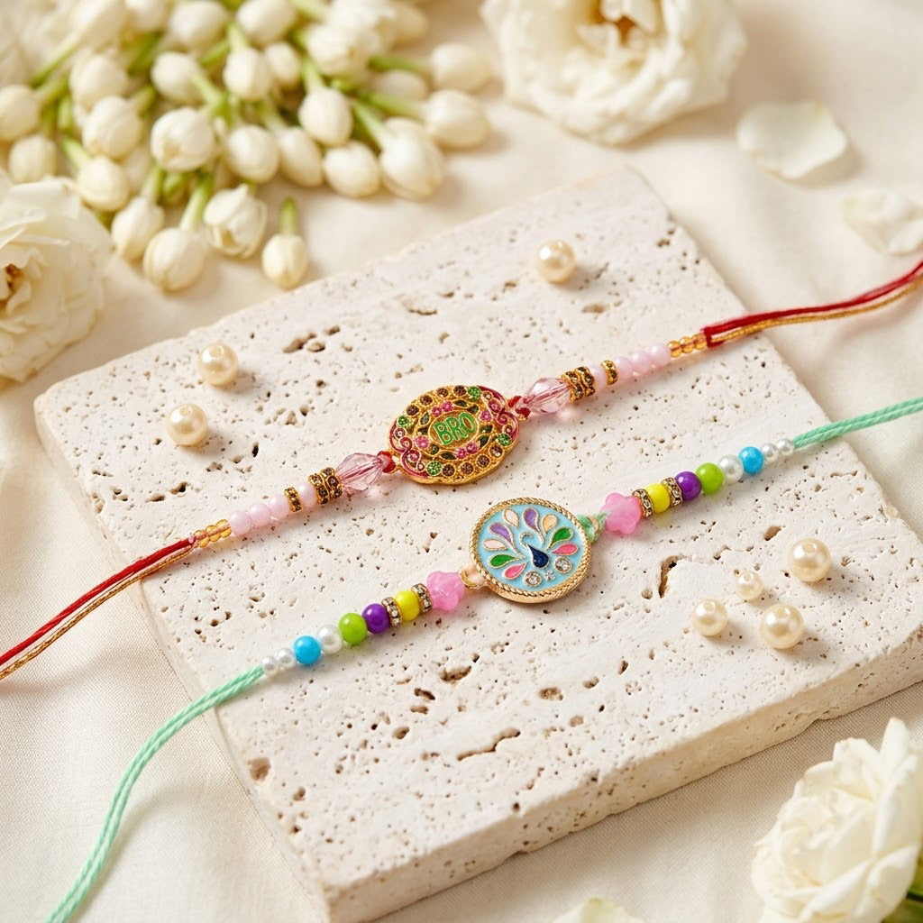 BRO Text Dial and Peacock Meenakari Designer Rakhi (Set of 2)