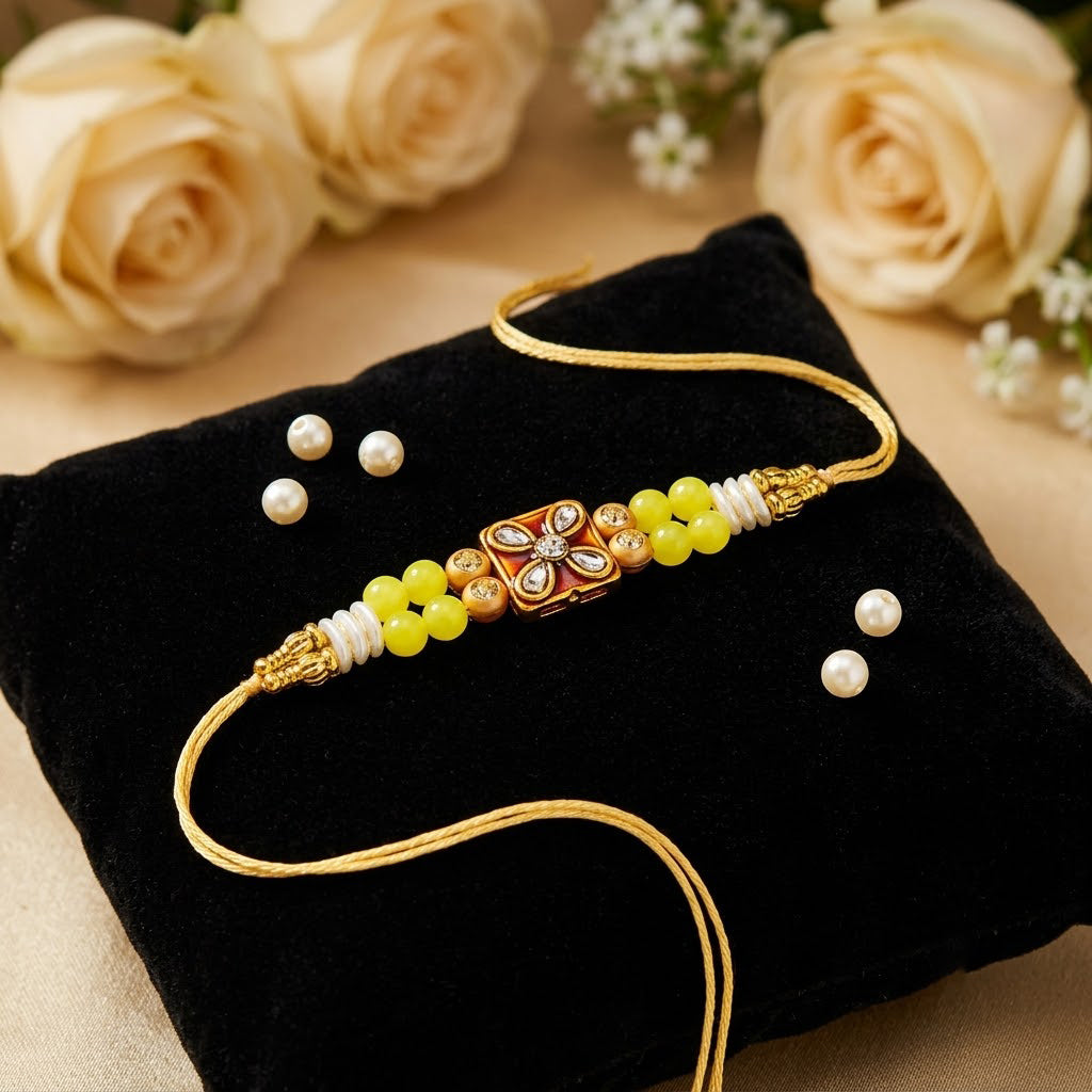Bright Yellow Beaded Square Floral Kundan Medallion Rakhi