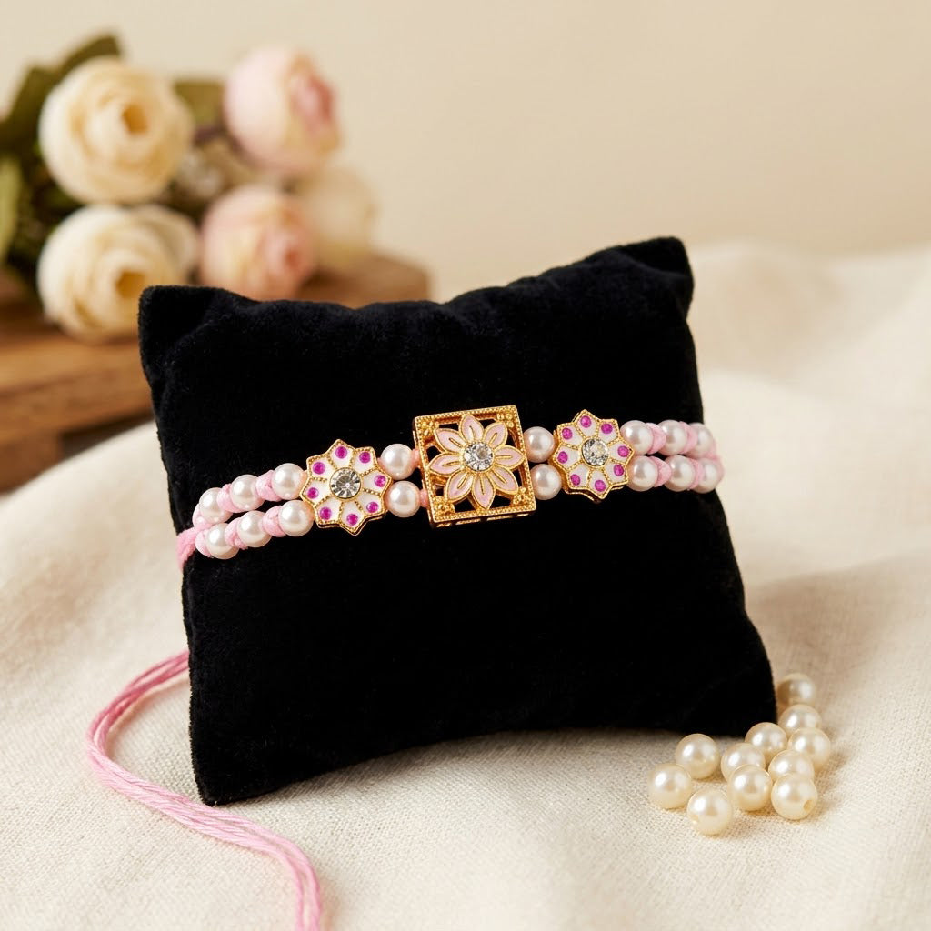 Pink Pearl Double Line Floral Meenakari Designer Rakhi