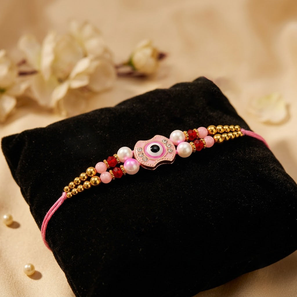 Pretty Pink Enamel Medallion Double Strand Beaded Rakhi