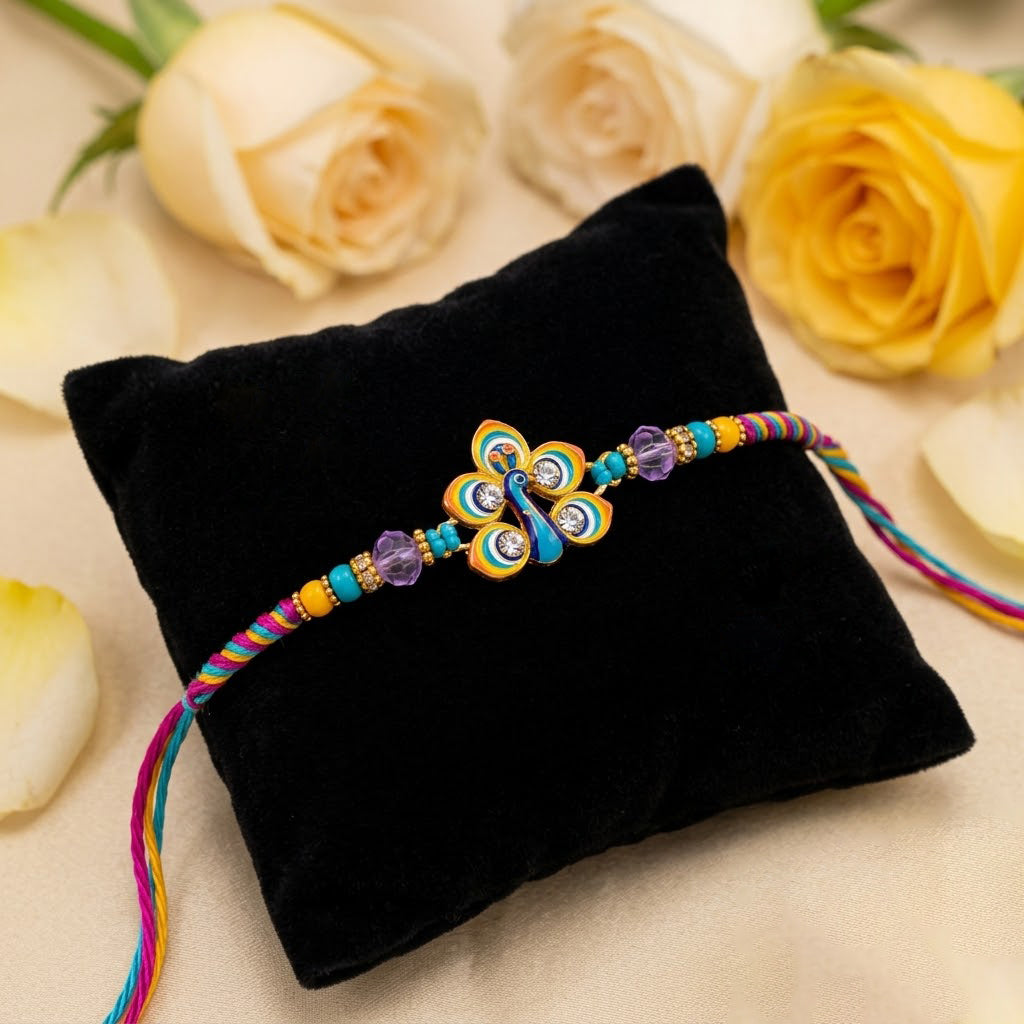 Elegant Peacock Feather Motif Stone Studded Designer Rakhi
