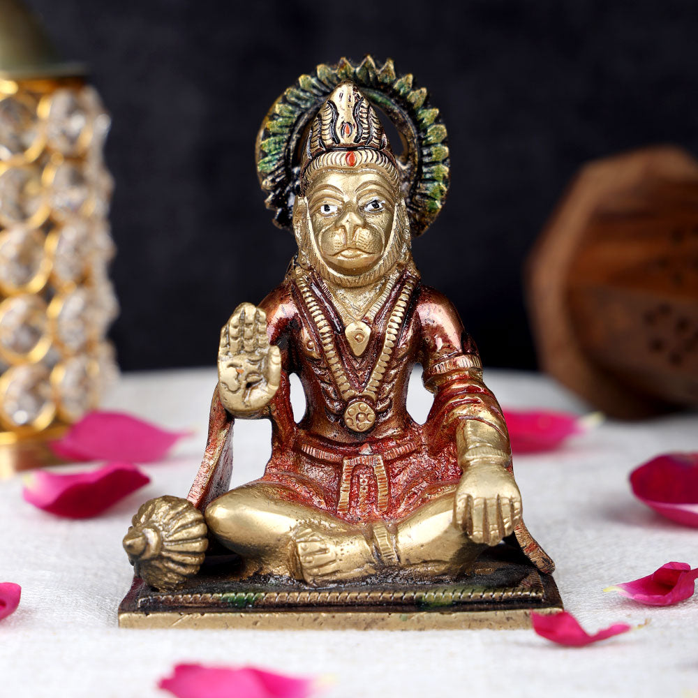 4.3 inch pure brass Hanuman idol for home and pooja, handcrafted Bajrangbali murti for devotion and spiritual protection. No.1 Brass Idol Store www.satvikstore.in