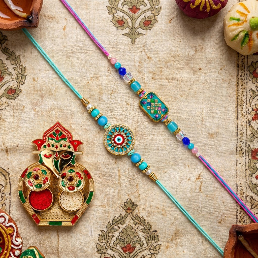 Turquoise Evil Eye and Meenakari Designer Rakhi (Set of 2)