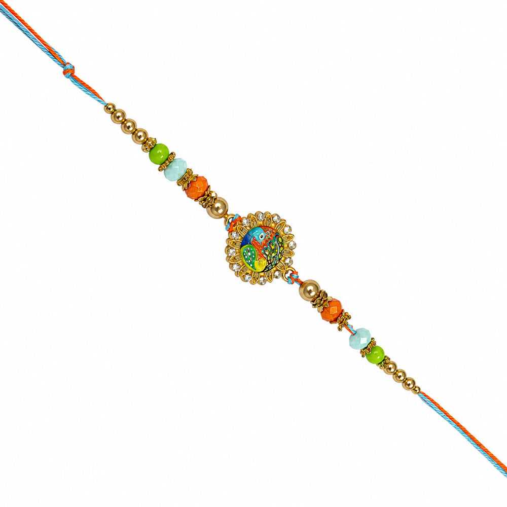 Golden Peacock Motif Floral Dial Orange and Green Bead Rakhi