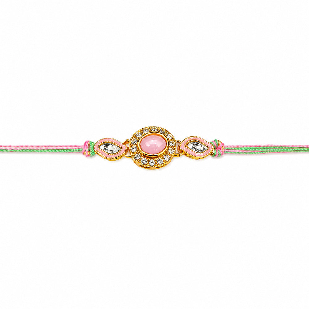 Pastel Pink Oval Stone and Kundan Designer Rakhi