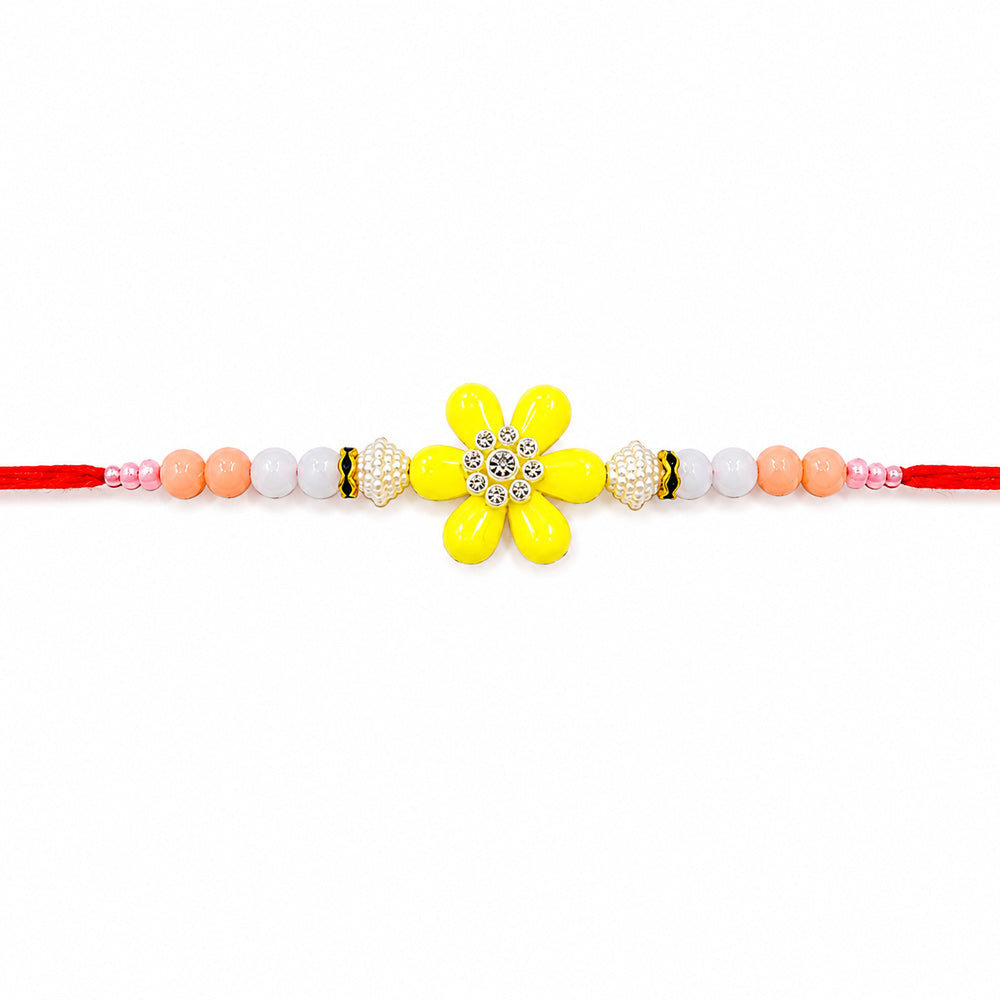 Vibrant Yellow Flower Medallion Peach Coral Bead Rakhi