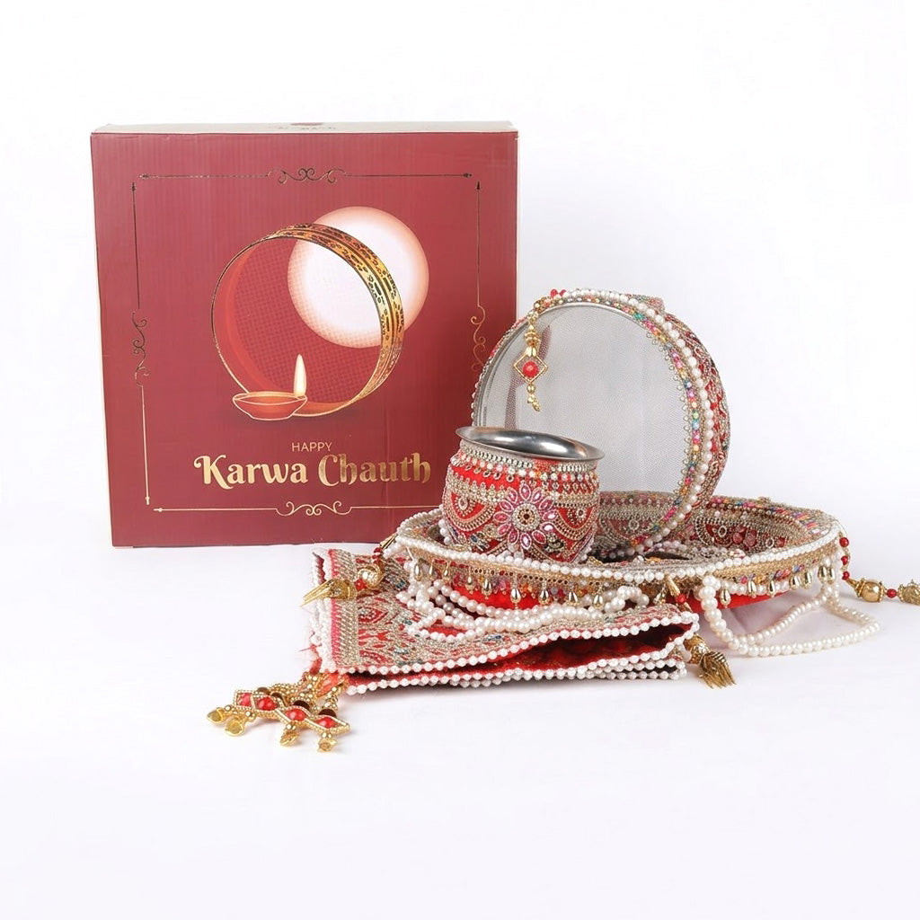 11 Pc Elegant Red Embroidery Karwa Chauth Thali Set