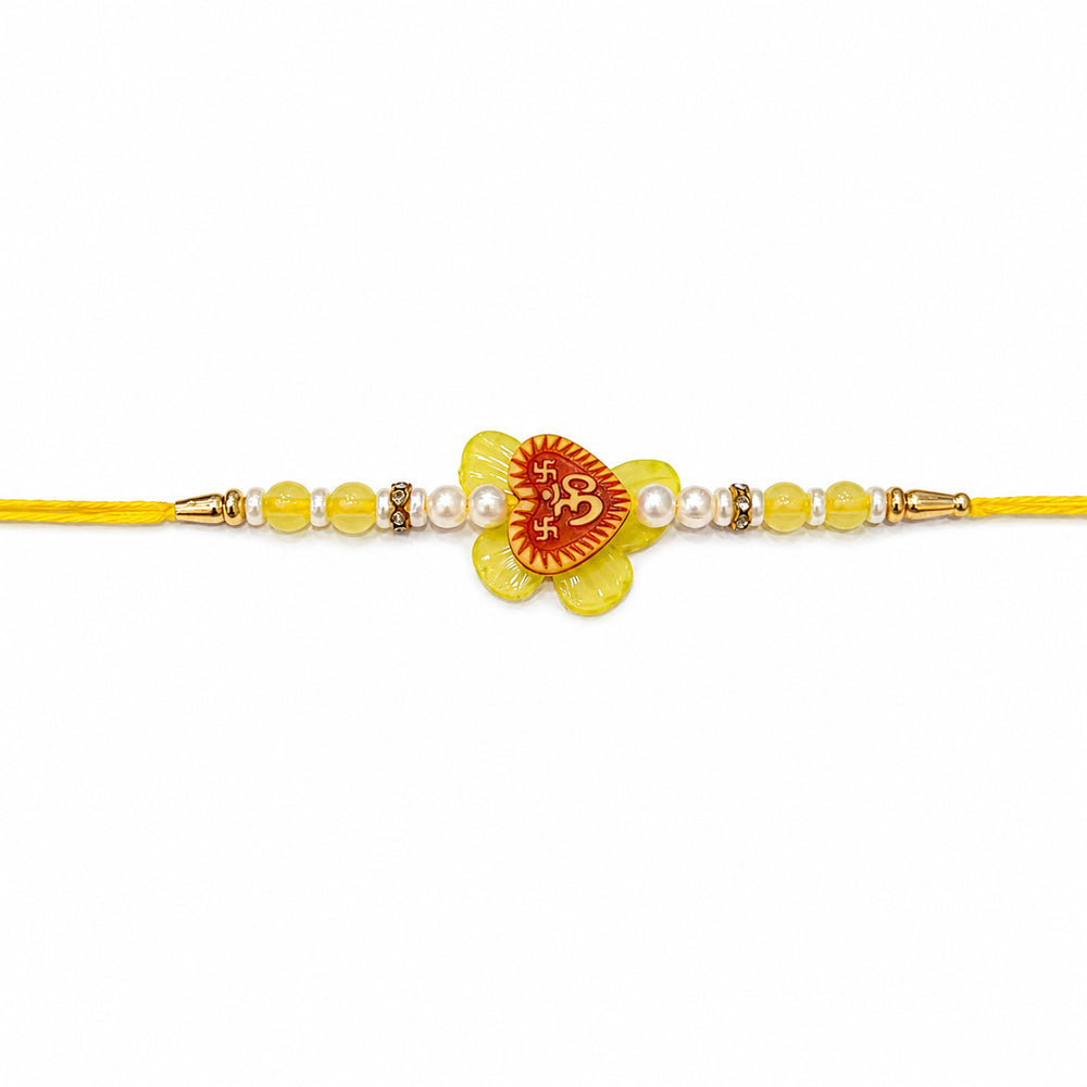 Cute Heart Om and Swastik Yellow Flower Kids Rakhi