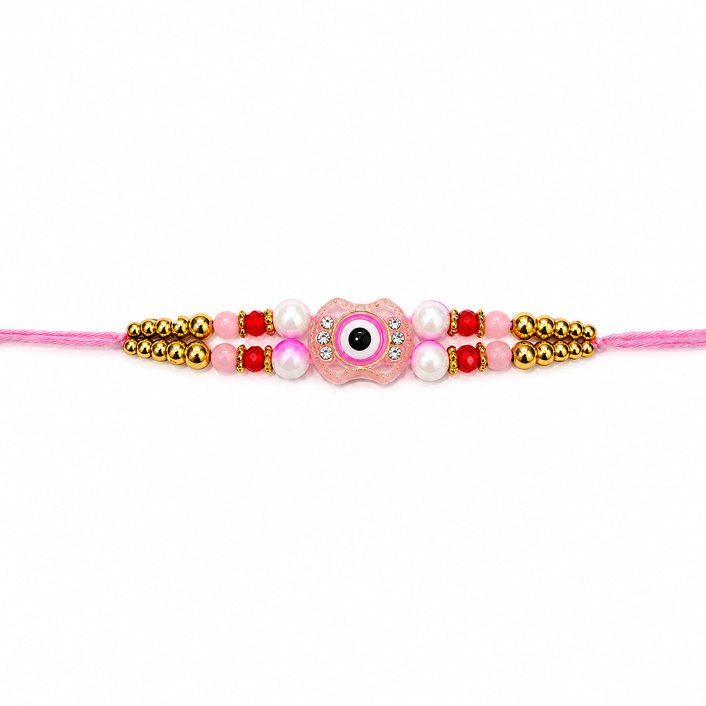 Pretty Pink Enamel Medallion Double Strand Beaded Rakhi