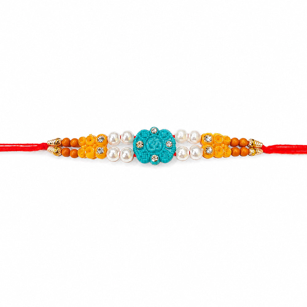 Handcrafted Turquoise Carved Om Symbol Flower Motif Rakhi