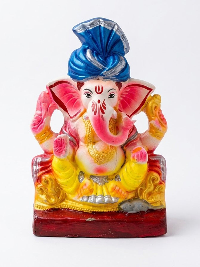 8 Inch Vibrant Hand Painted Ganesha Idol with Royal Blue Turban