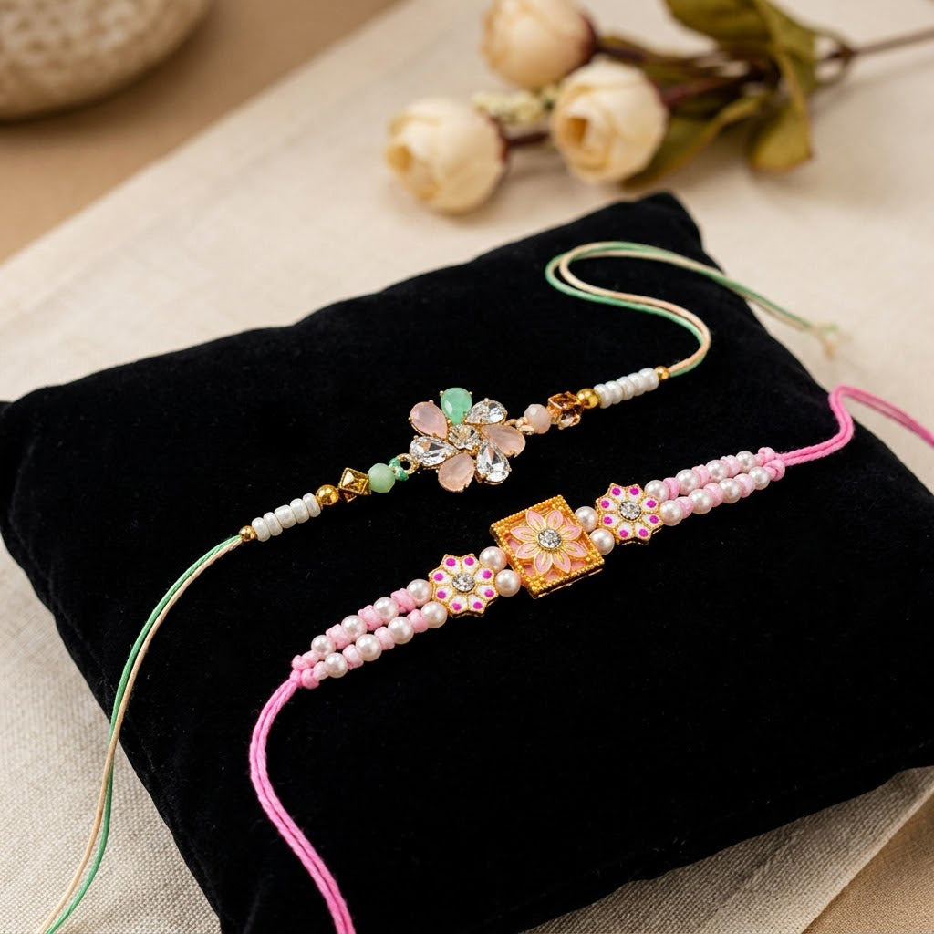 Square Kundan Floral Medallion Crystal Stone Rakhi (Set of 2)