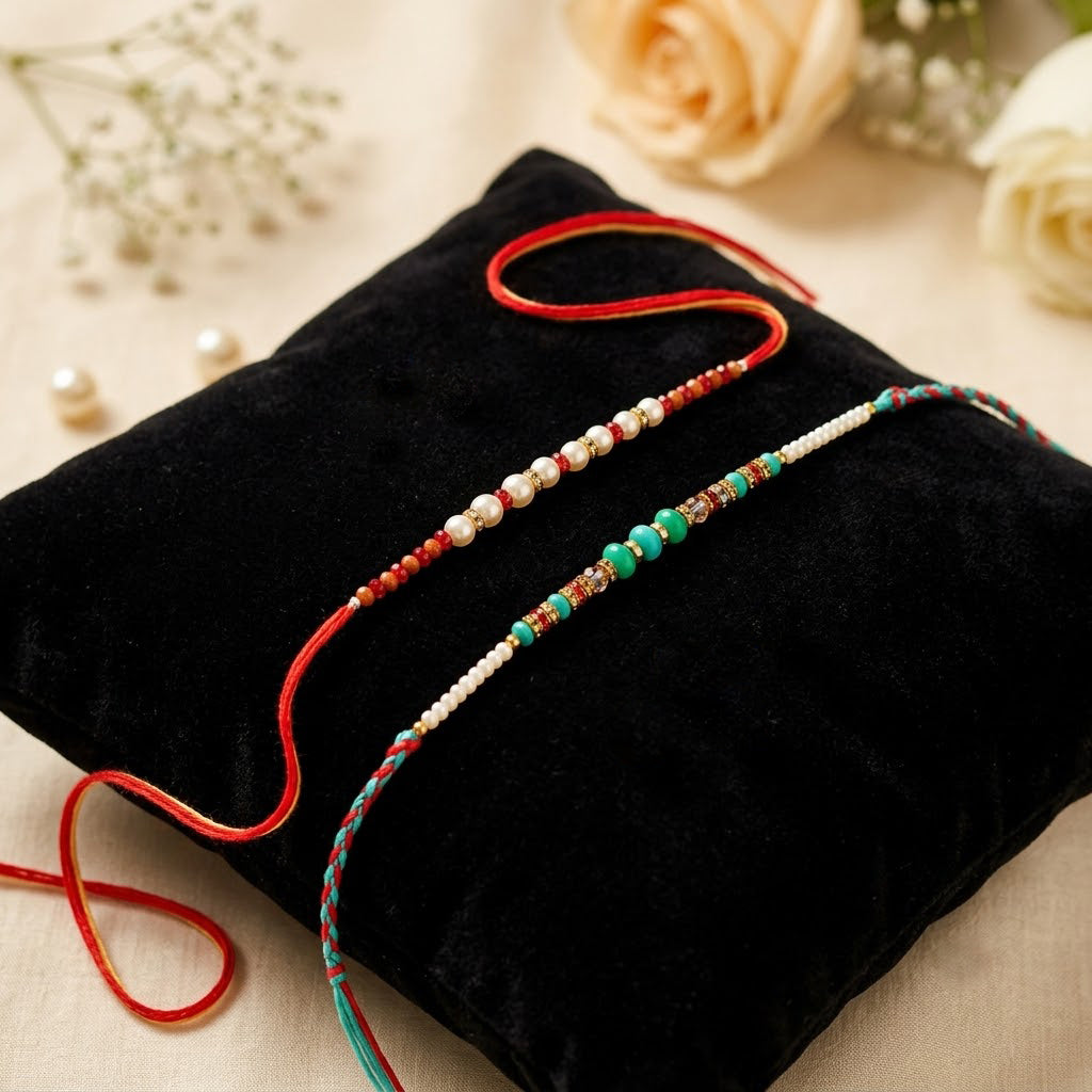 Traditional Pearl and Crystal Beaded Rakhi (Set of 2)
