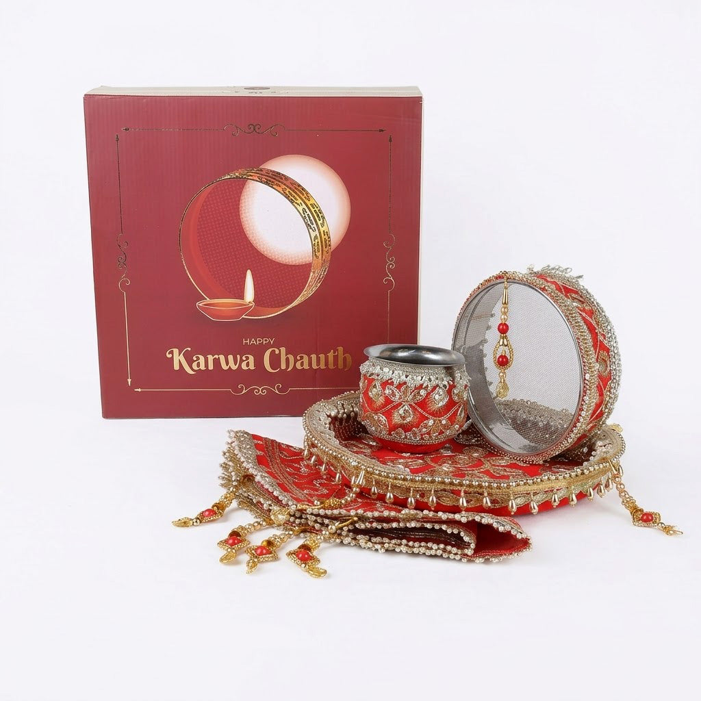 11 Pc Red Embroidery Karwa Chauth Thali Set