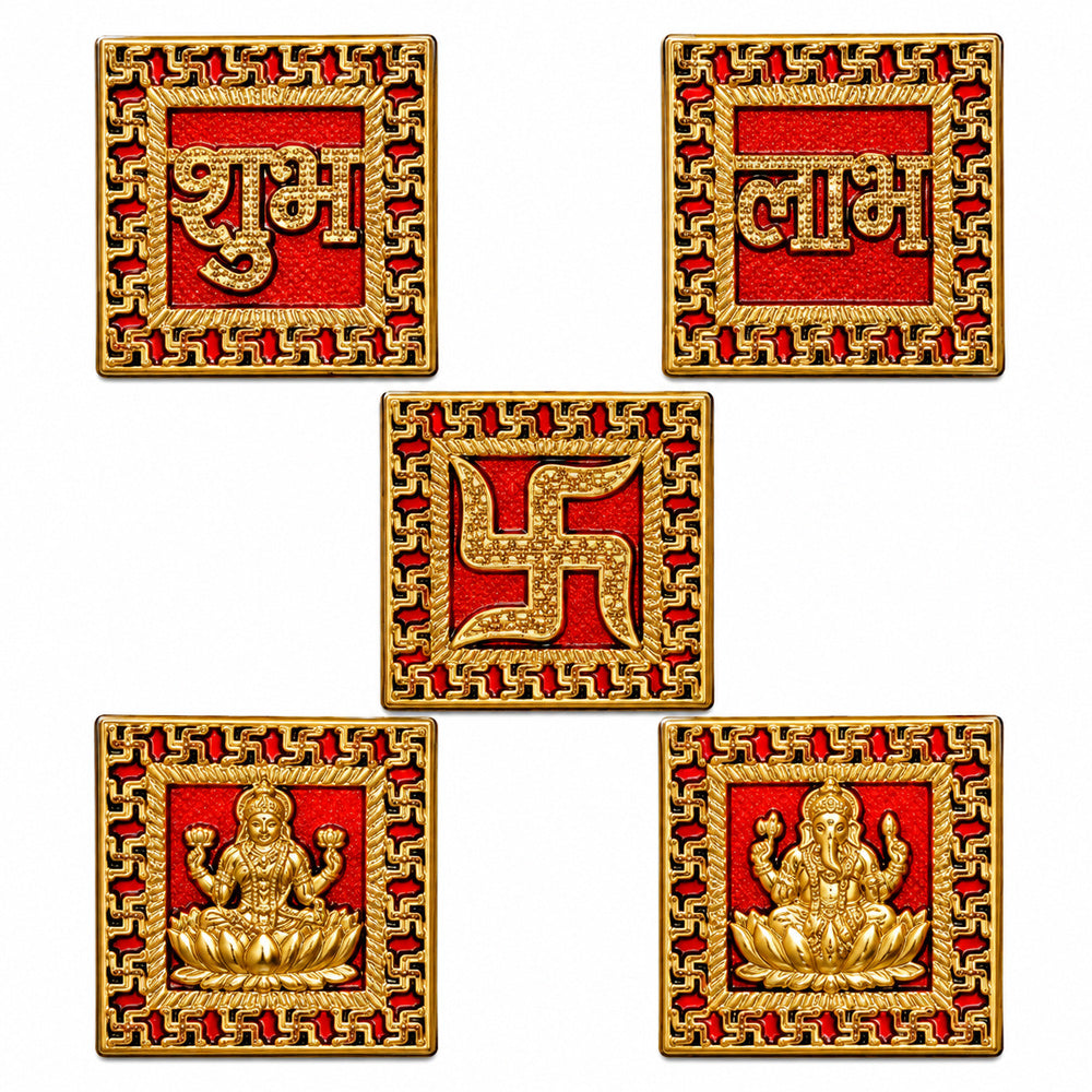 Ornate Square Gold Finished Shubh Labh and Deity Stickers Set of 5