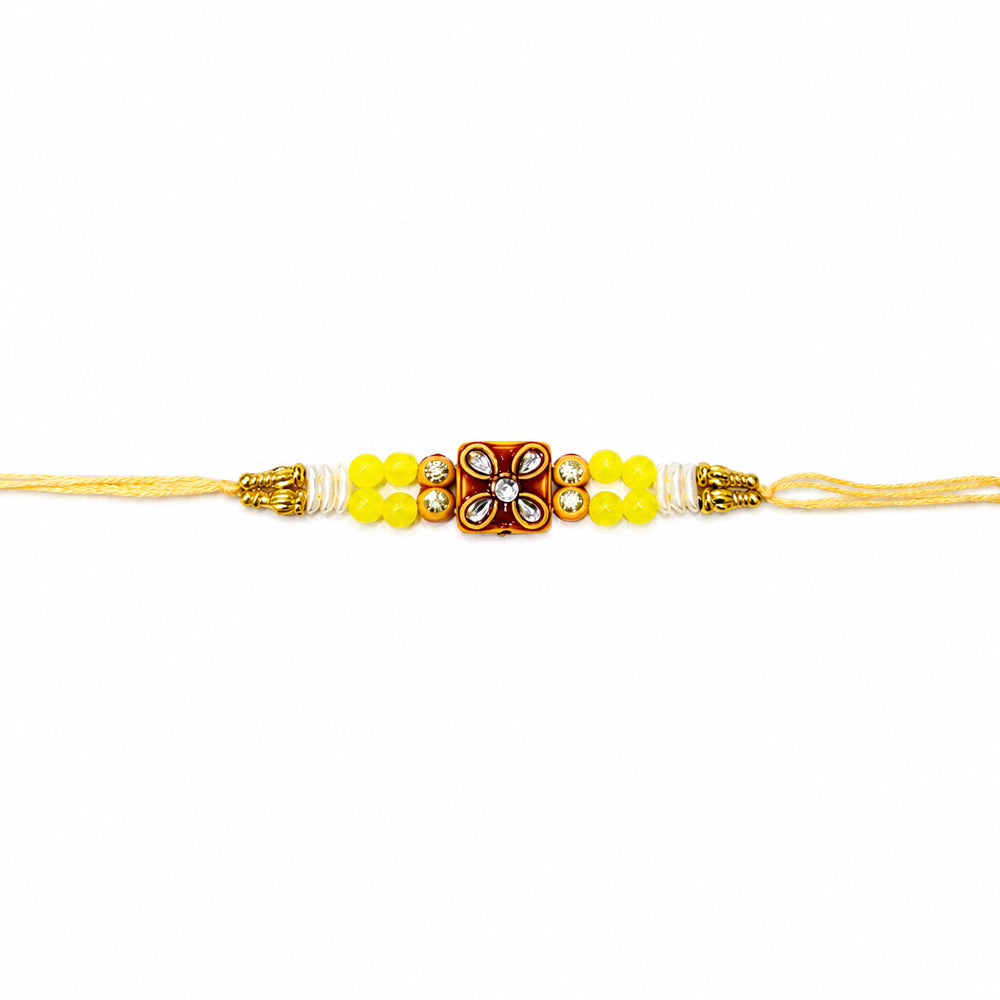 Bright Yellow Beaded Square Floral Kundan Medallion Rakhi
