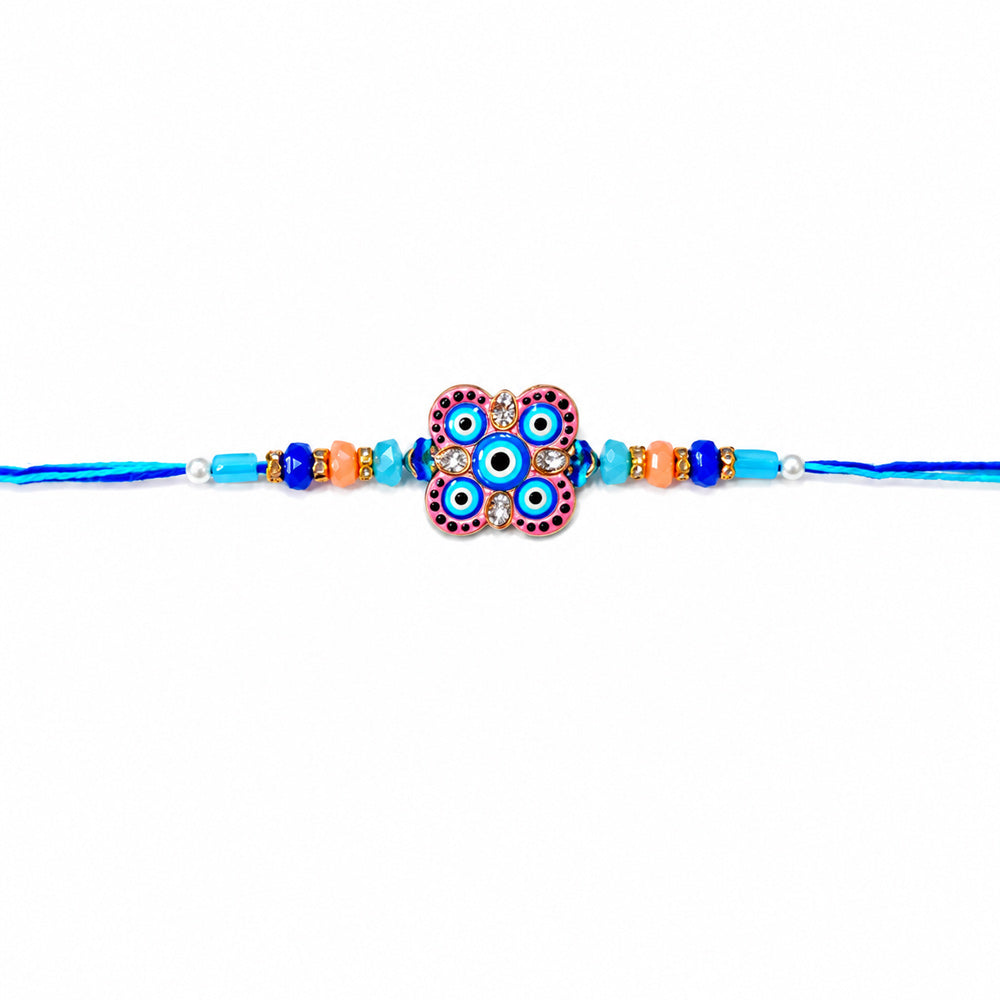 Evil Eye Floral Medallion Blue Crystal Beaded Rakhi