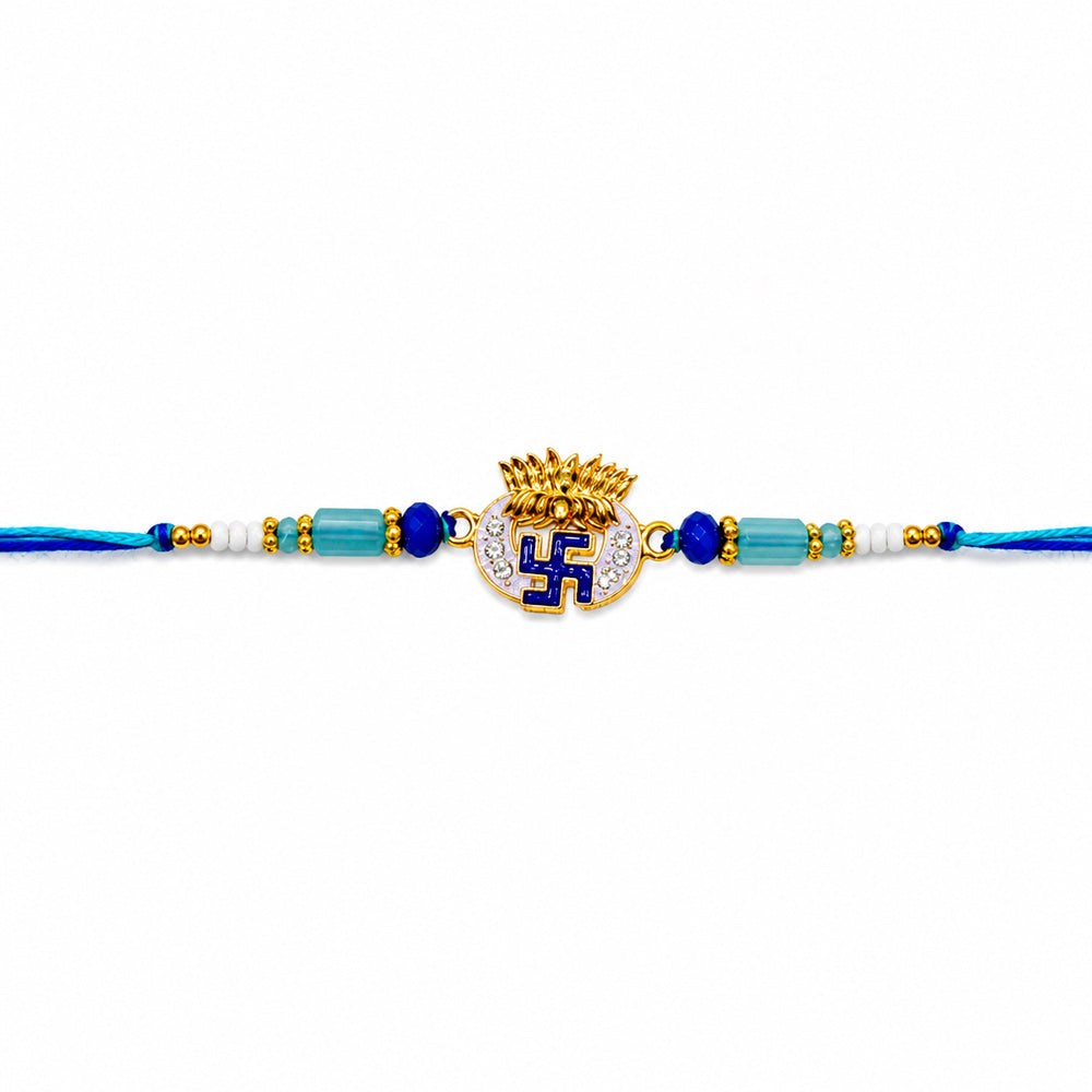 Royal Blue Swastik and Turquoise Beaded Rakhi