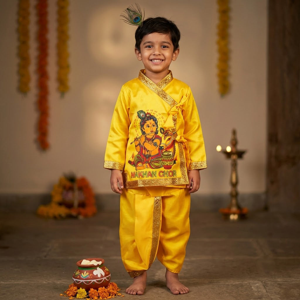 Size 3 Makhan Chor Yellow Krishna Dress with Golden Border