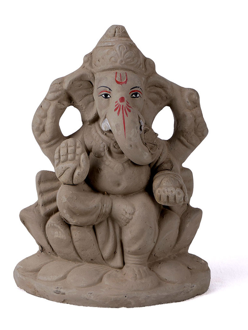 6 Inch Natural Eco Friendly Ganesha Idol Seated on Lotus Base
