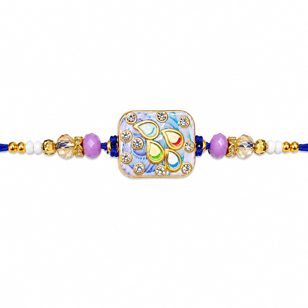Elegant Pastel Blue and Lavender Square Enamel Dial Rakhi