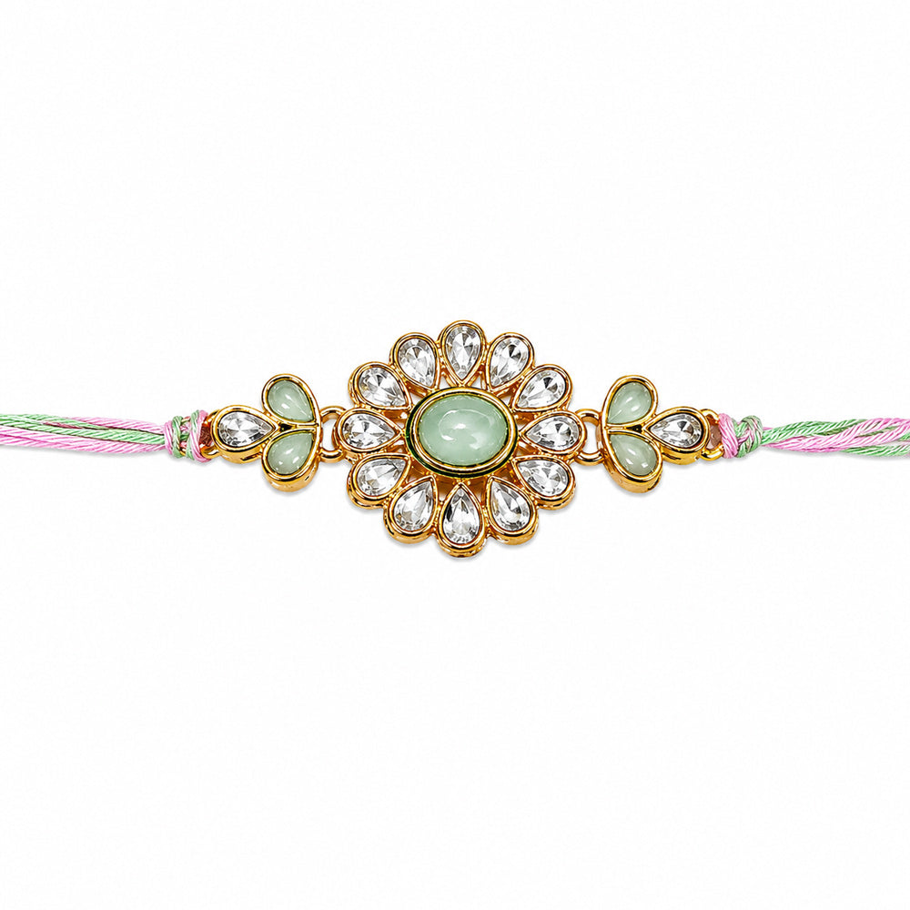 Kundan Studded Floral Medallion Mint Green Accent Rakhi