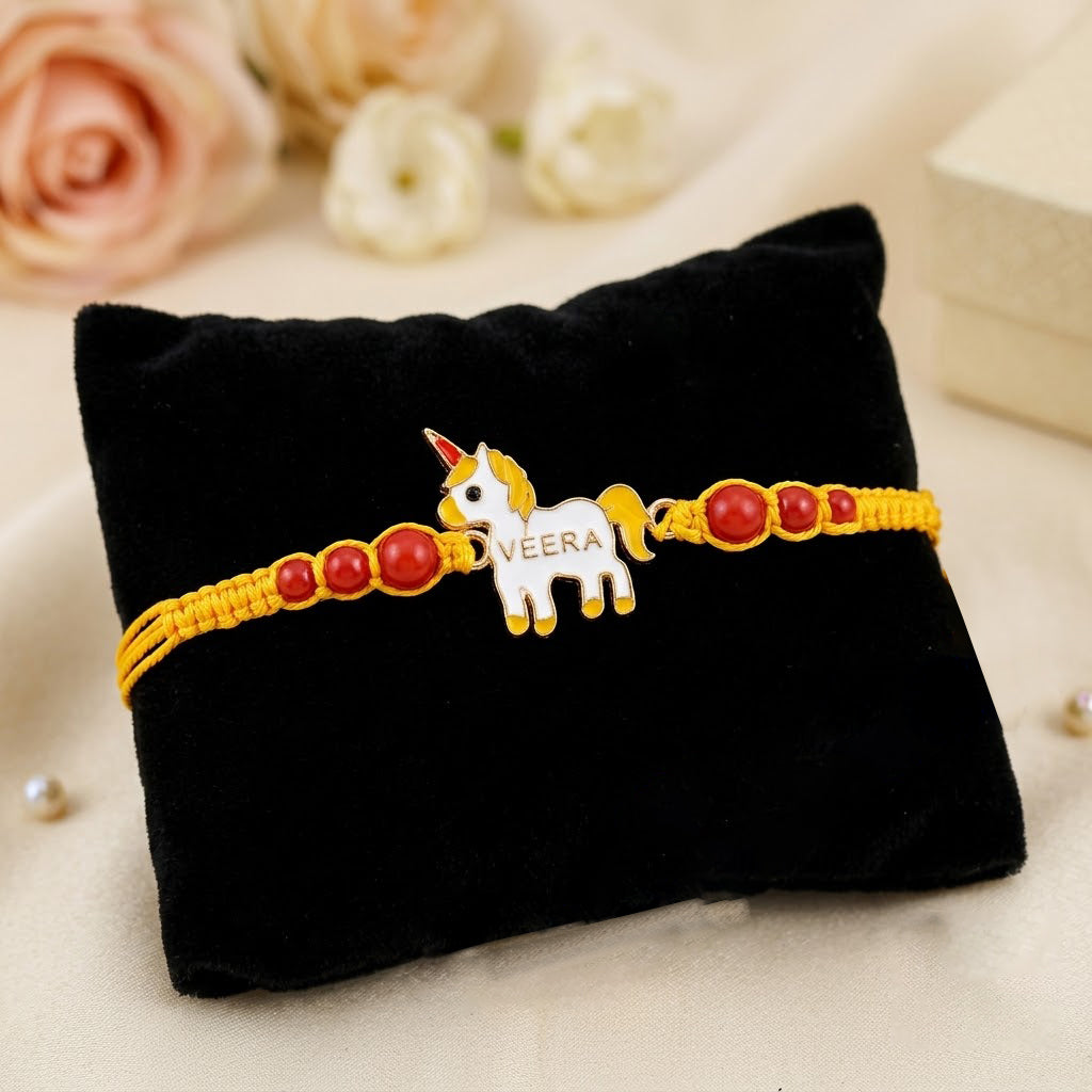 Playful White and Gold Unicorn Motif Kids Rakhi