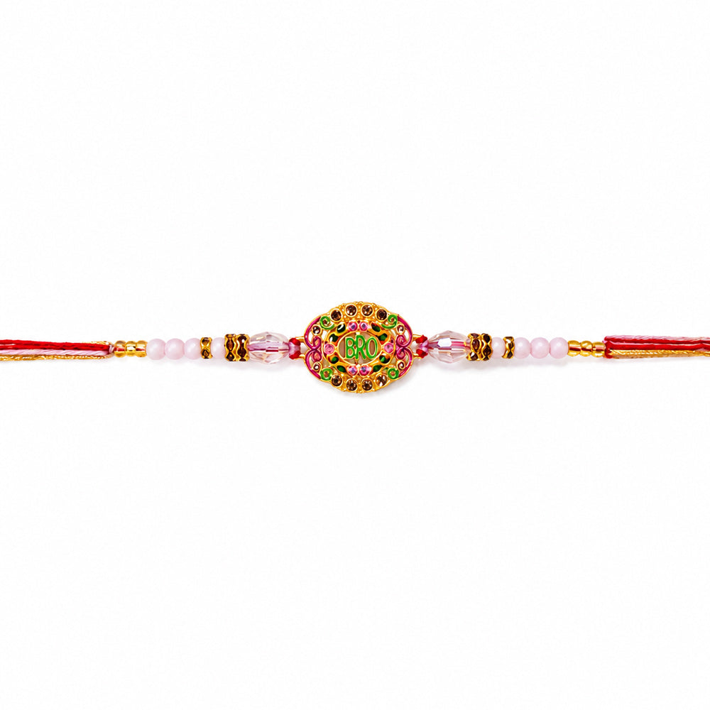 Vibrant Oval Gold Enamel Bro Centerpiece Designer Rakhi