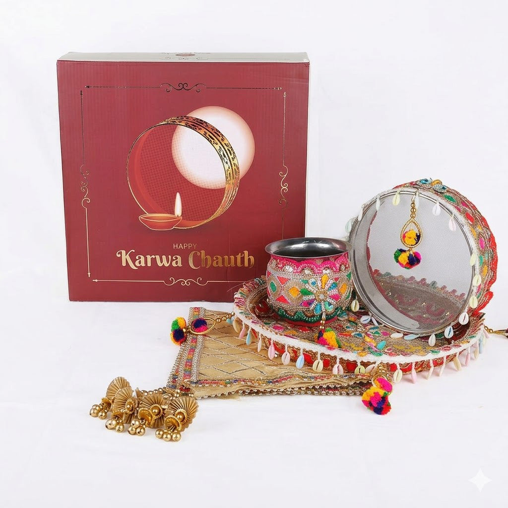11 Pc Golden Criss Cross Peacock Designer Karwa Chauth Thali Set