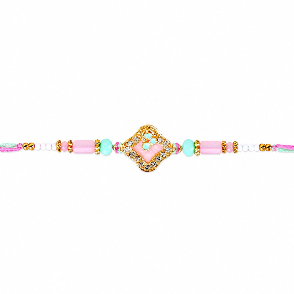 Elegant Pastel Pink and Mint Green Crystal Designer Rakhi