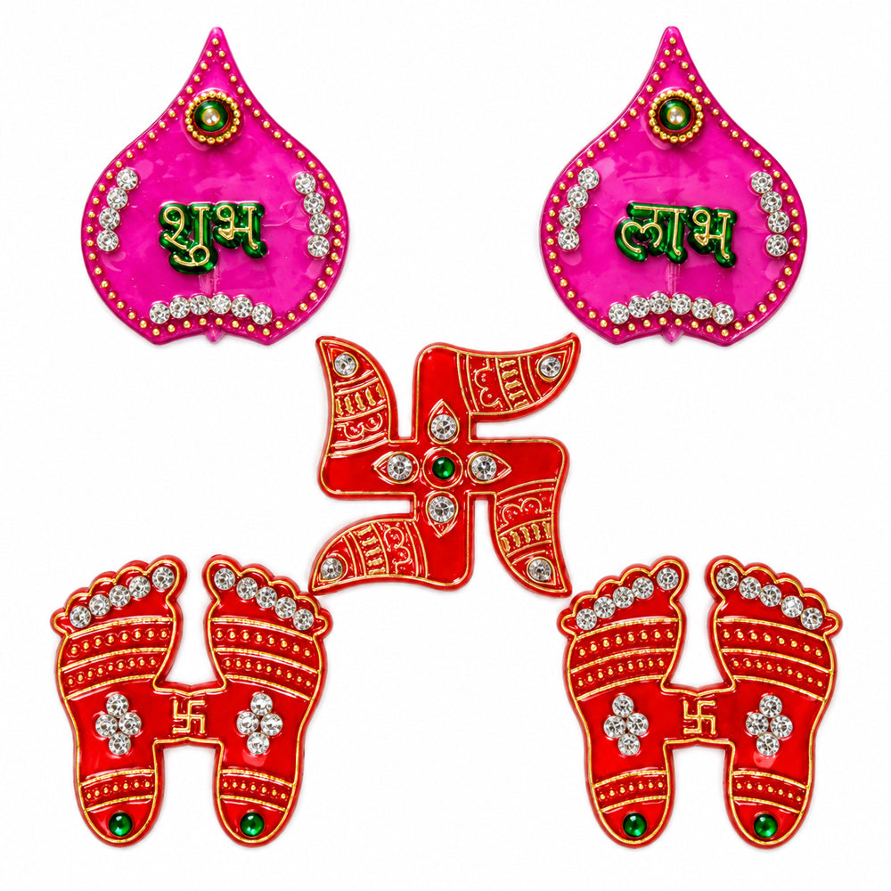 Pink & Red Stone Work Shubh Labh and Charan Paduka Set of 5