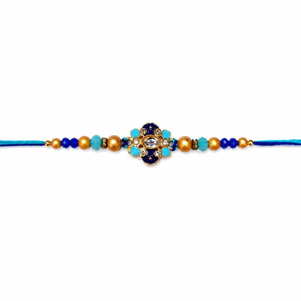 Handcrafted Floral Blue Meenakari and Beaded Rakhi