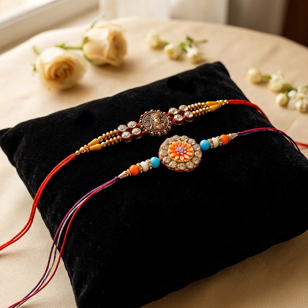 Traditional Divine Krishna and Orange Flower Rakhi (Set of 2)