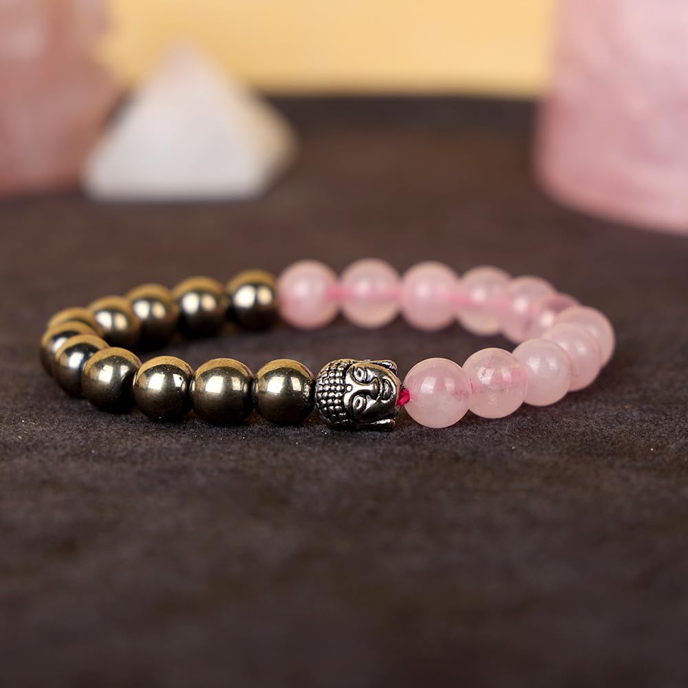 Rose Quartz Buddha & Golden Pyrite Bracelet With Selenite Zodiac Plate Combo
