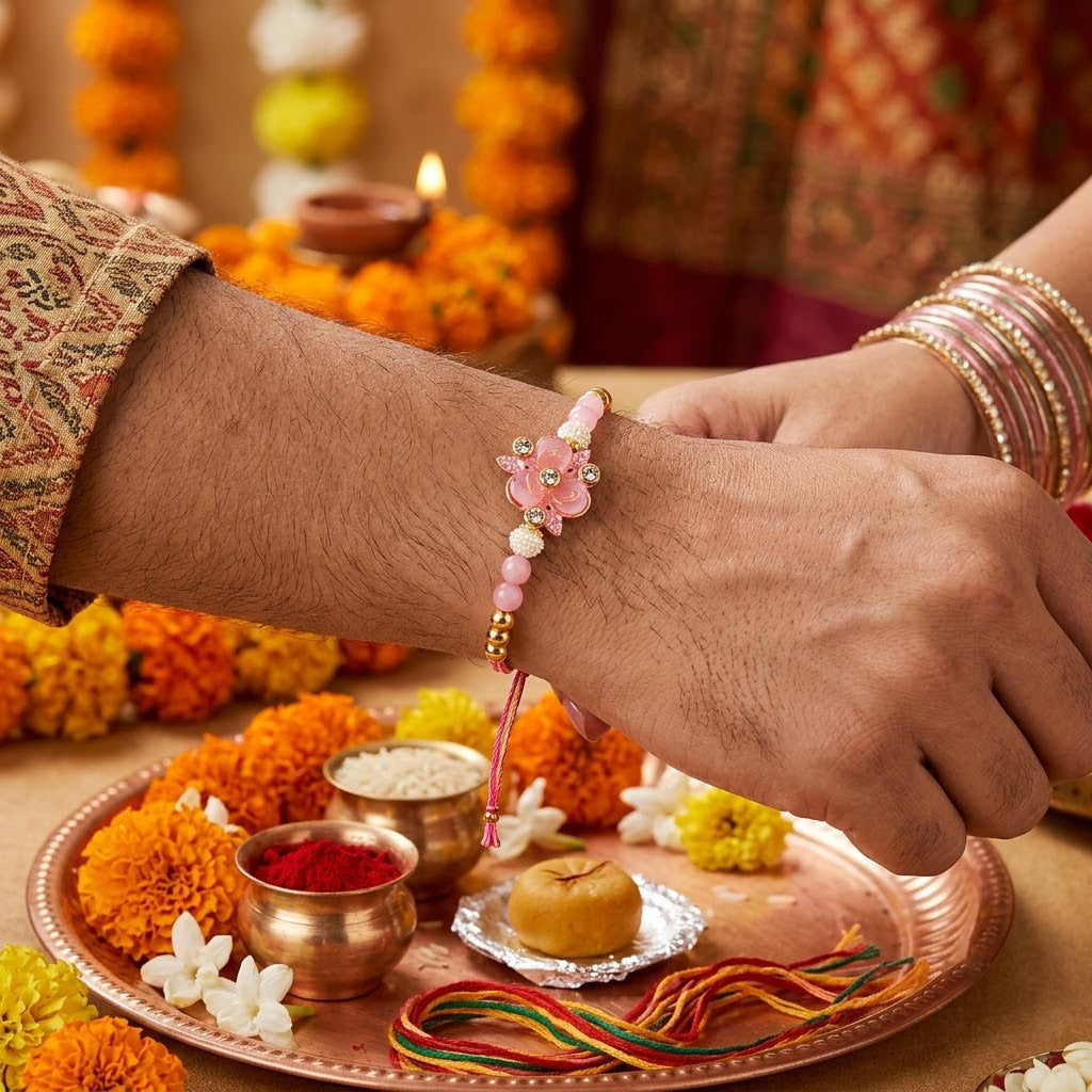 Traditional Pastel Pink and Yellow Floral Rakhi (Set of 2)