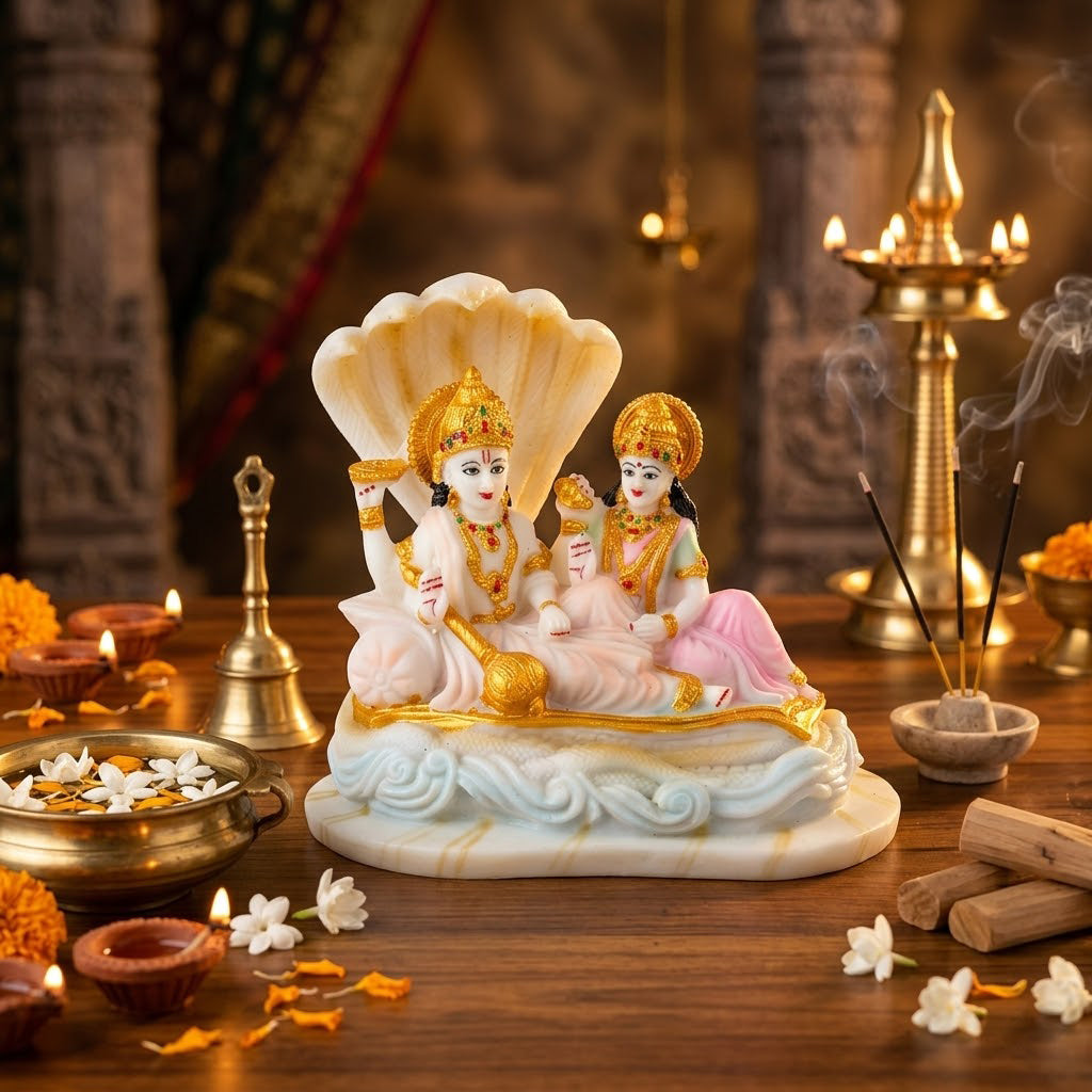 Beautiful Vishnu Ji and Mata Laksmi White Statue