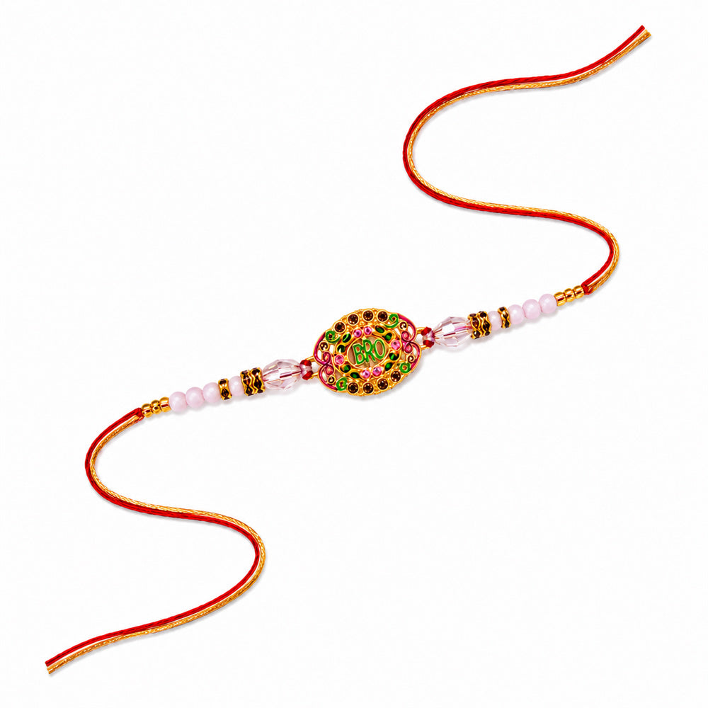 Vibrant Oval Gold Enamel Bro Centerpiece Designer Rakhi