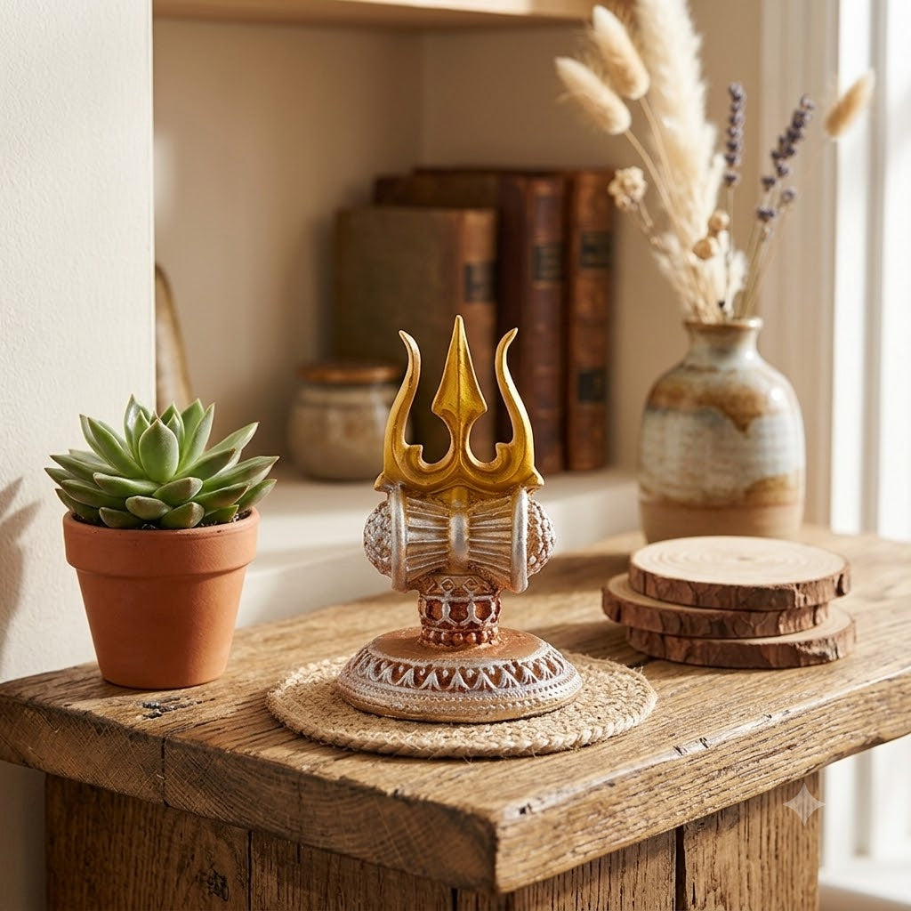 Premium Silver & Gold Lord Shiva Trishul with Damru Resin Statue