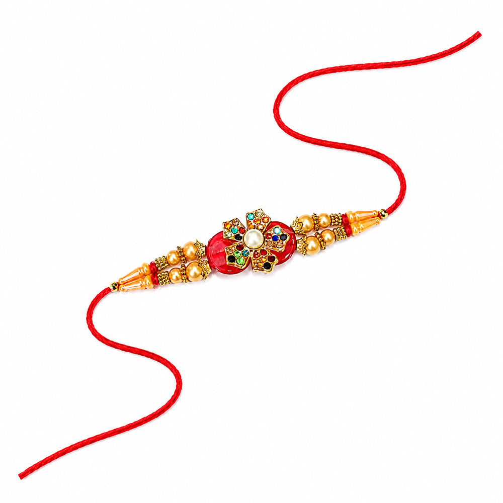 Multicolor Stone Floral Motif Golden Pearl Beaded Rakhi