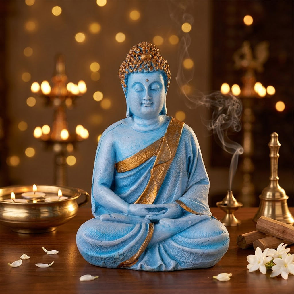 Meditating Cerulean Blue Buddha Resin Statue
