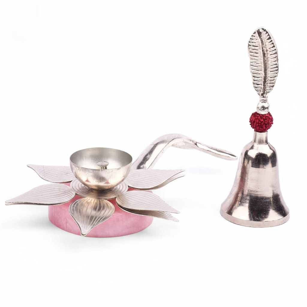 Silver Lotus Diya with Bell – Silver Plated Pooja Lamp Decorative Spiritual Use